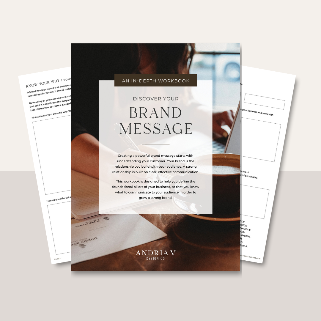 A brand message template with an image of a laptop and a cup of coffee.