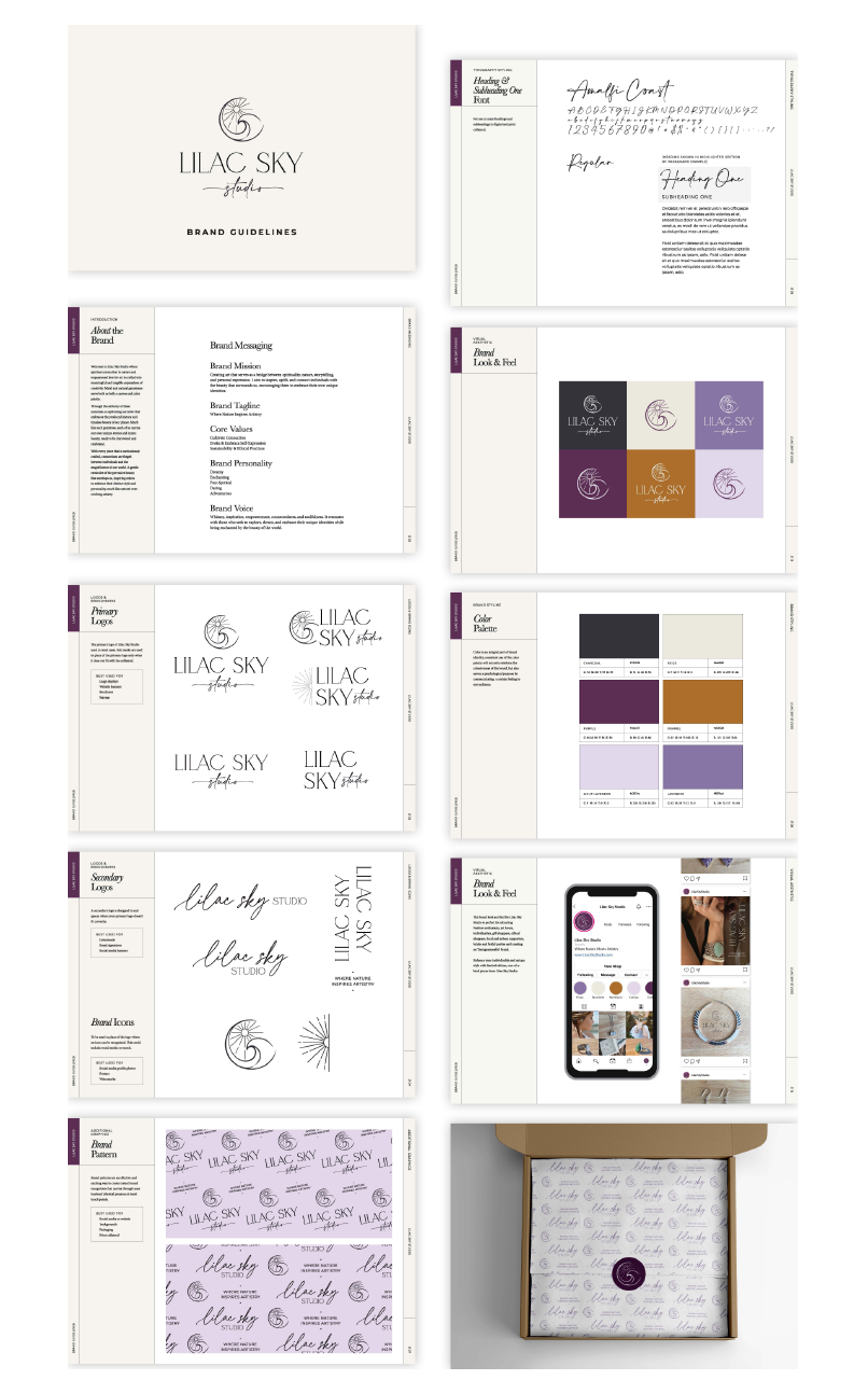 Presentation of "lilac sky" brand guidelines showcasing various elements such as logo, color palette, typography, and applications.