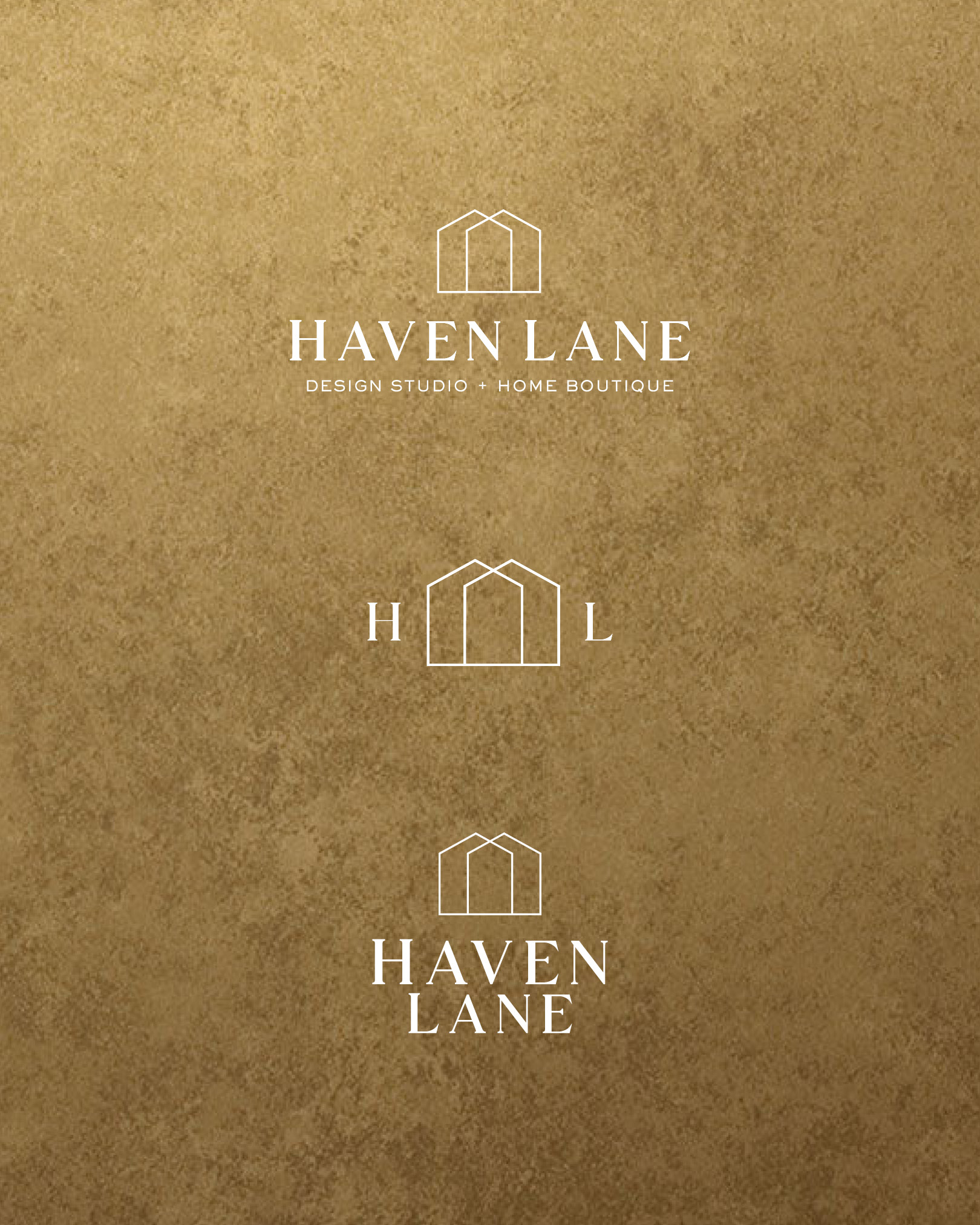 Three versions of the Haven Lane logo, featuring a simple house icon and text on a textured gold-brown background. Three versions of the Haven Lane logo, featuring a simple house icon and text on a textured gold-brown background.